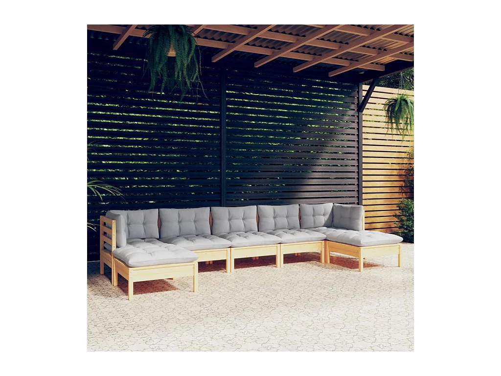 Juego de muebles de jardín 7 piezas y cojines madera pino gris