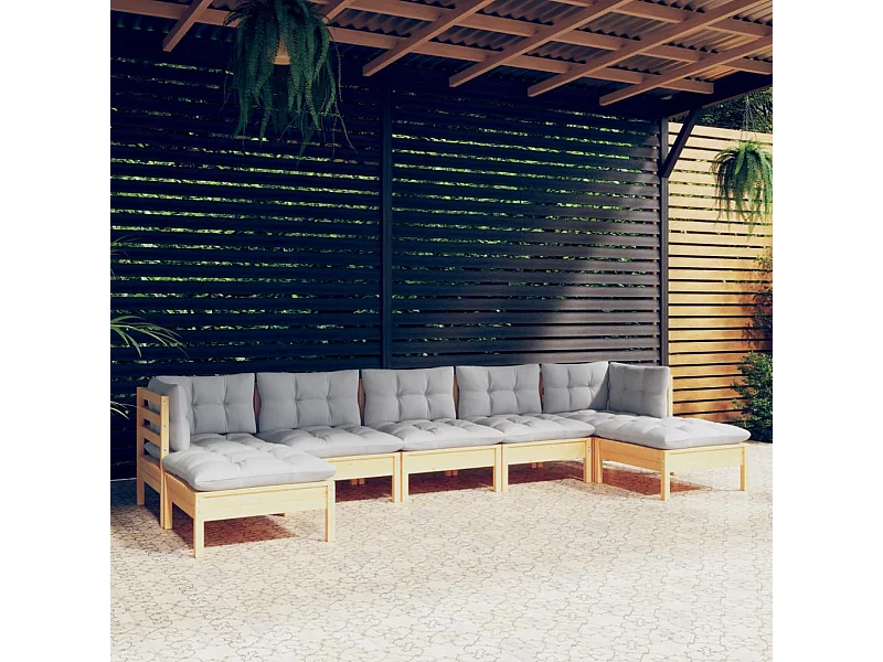 Salon de jardin 7 pièces avec coussins gris bois de pin
