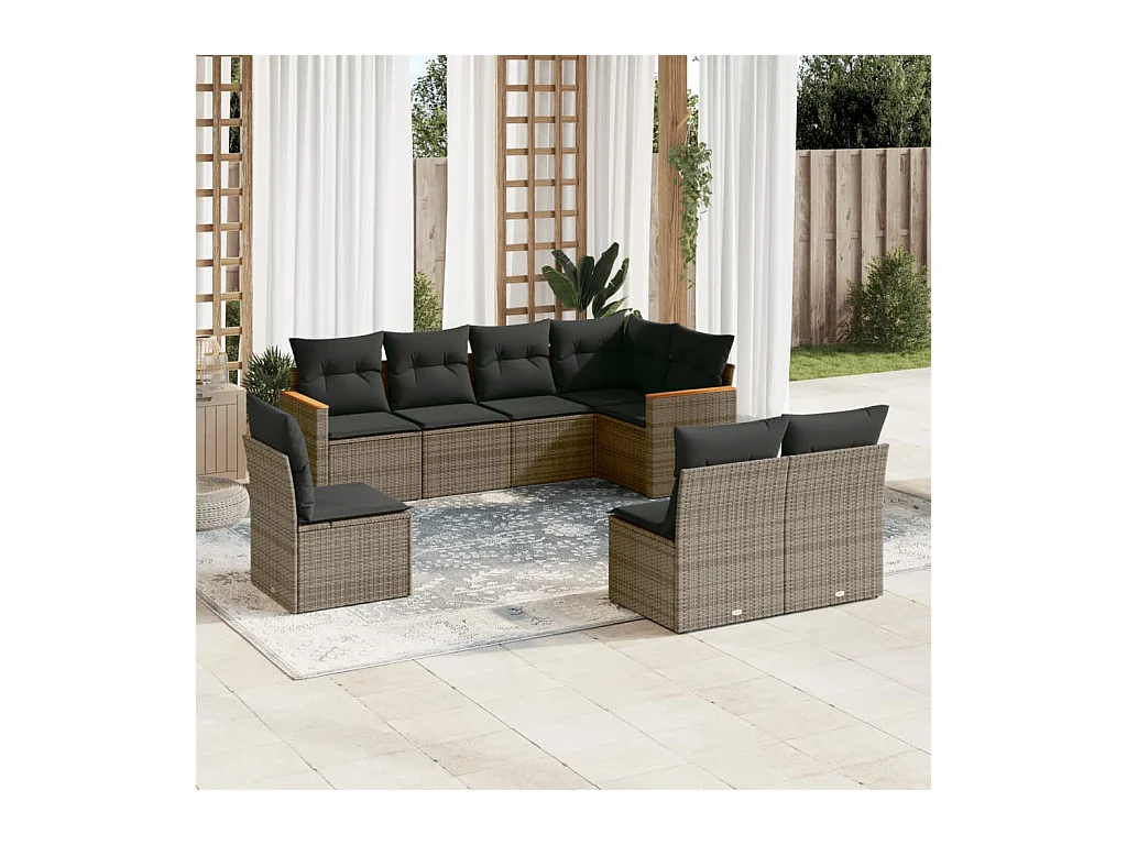 Salon de jardin 8 pièces avec coussins gris résine tressée