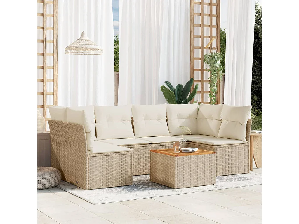 Set sofás de jardín 7 piezas y cojines ratán sintético beige