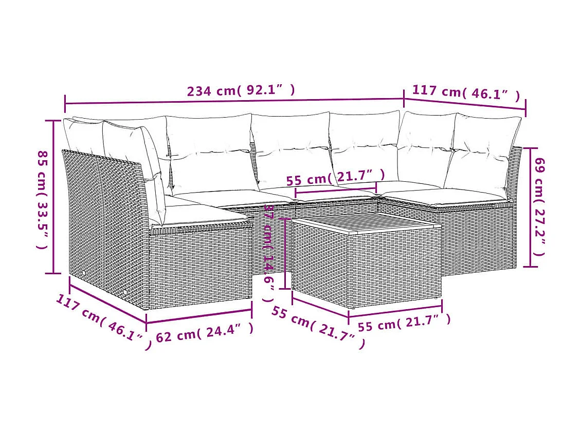 Set sofás de jardín 7 piezas y cojines ratán sintético beige