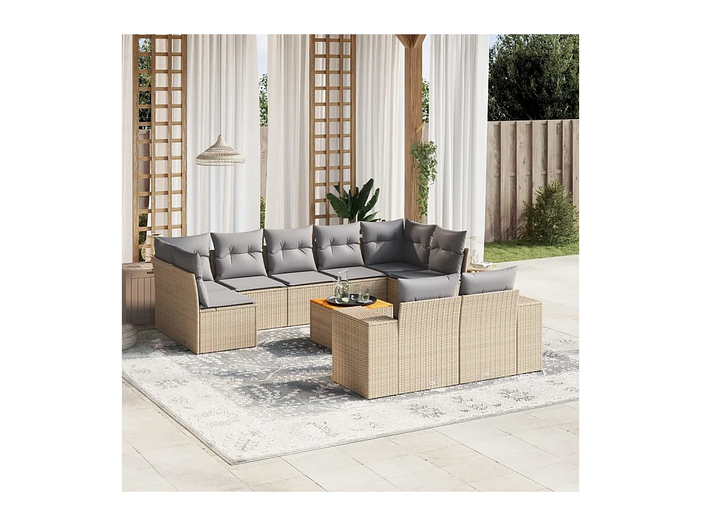 Salon de jardin avec coussins 10 pièces beige résine tressée