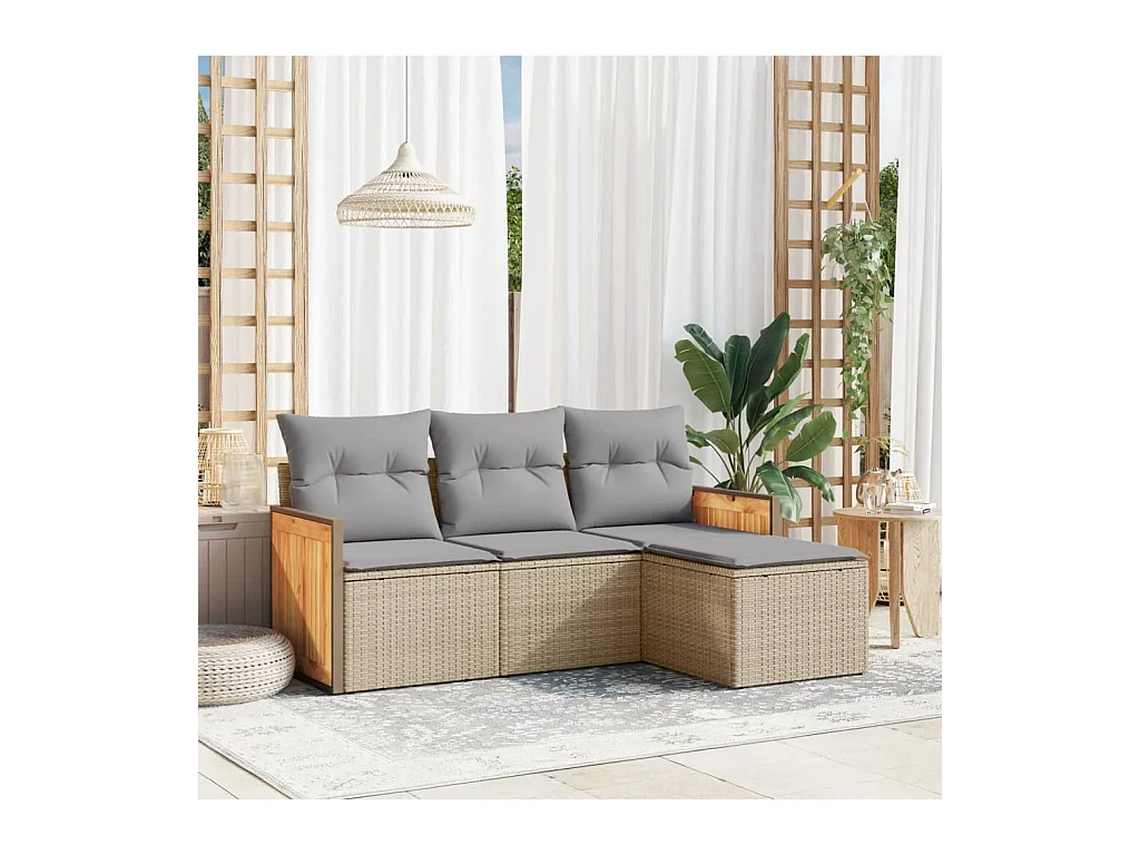 4-delige Loungeset met kussens poly rattan beige