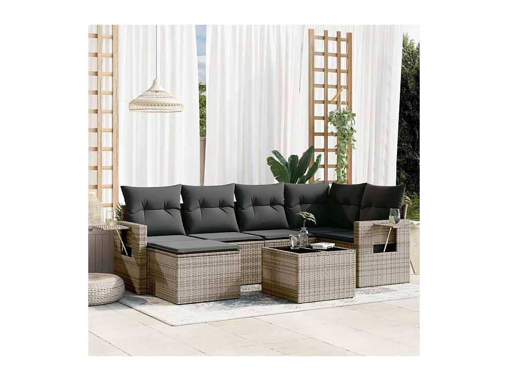 Salon de jardin avec coussins 7 pièces gris résine tressée