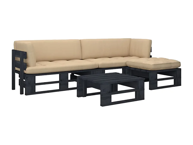 Salon de jardin palette 4 pièces et coussins pin imprégné de noir