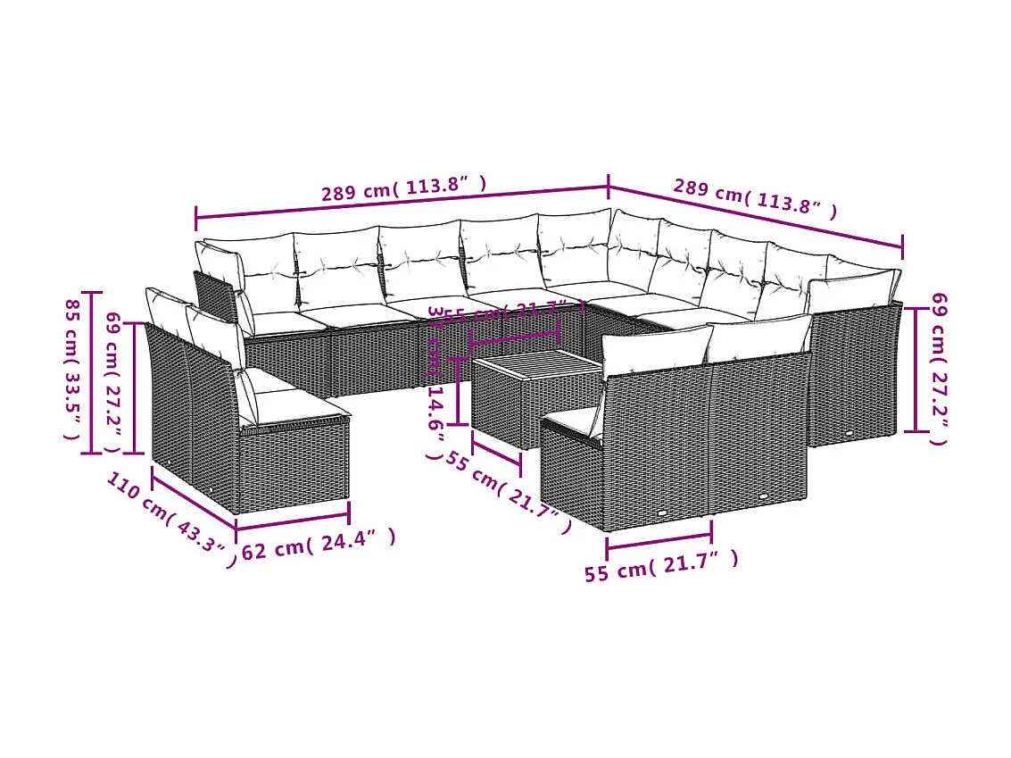 14-delige Loungeset met kussens poly rattan gemengd beige