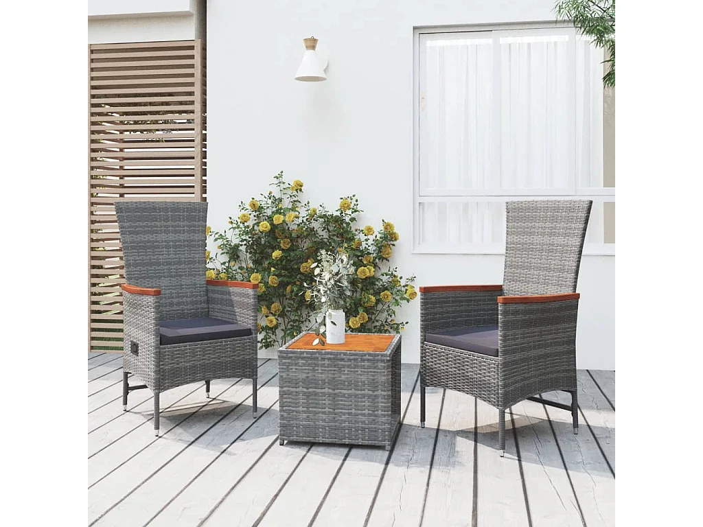 3 peças conjunto lounge de jardim vime PE/acácia maciça cinza