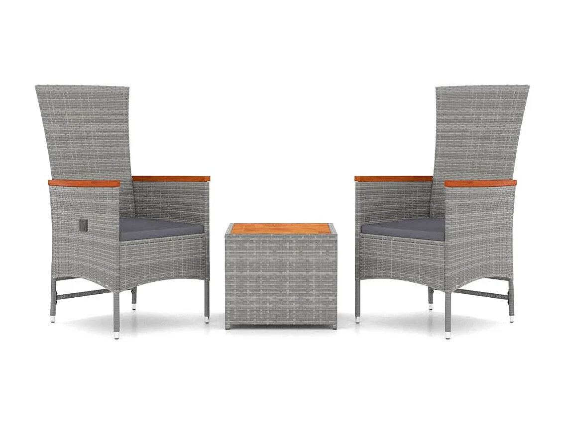 3 peças conjunto lounge de jardim vime PE/acácia maciça cinza