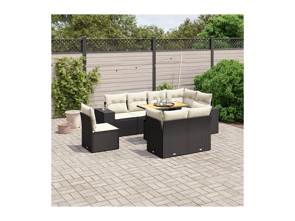 Salon de jardin 9 pièces avec coussins noir résine tressée