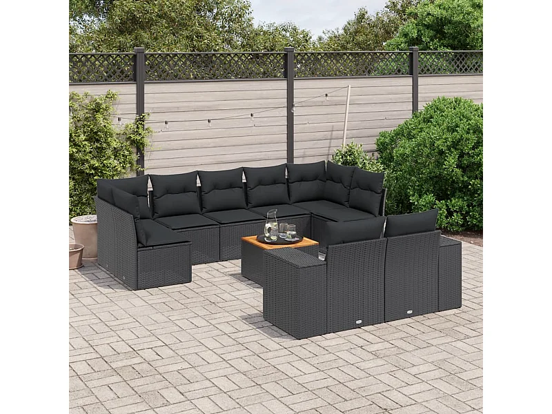 10-delige Loungeset met kussens poly rattan zwart