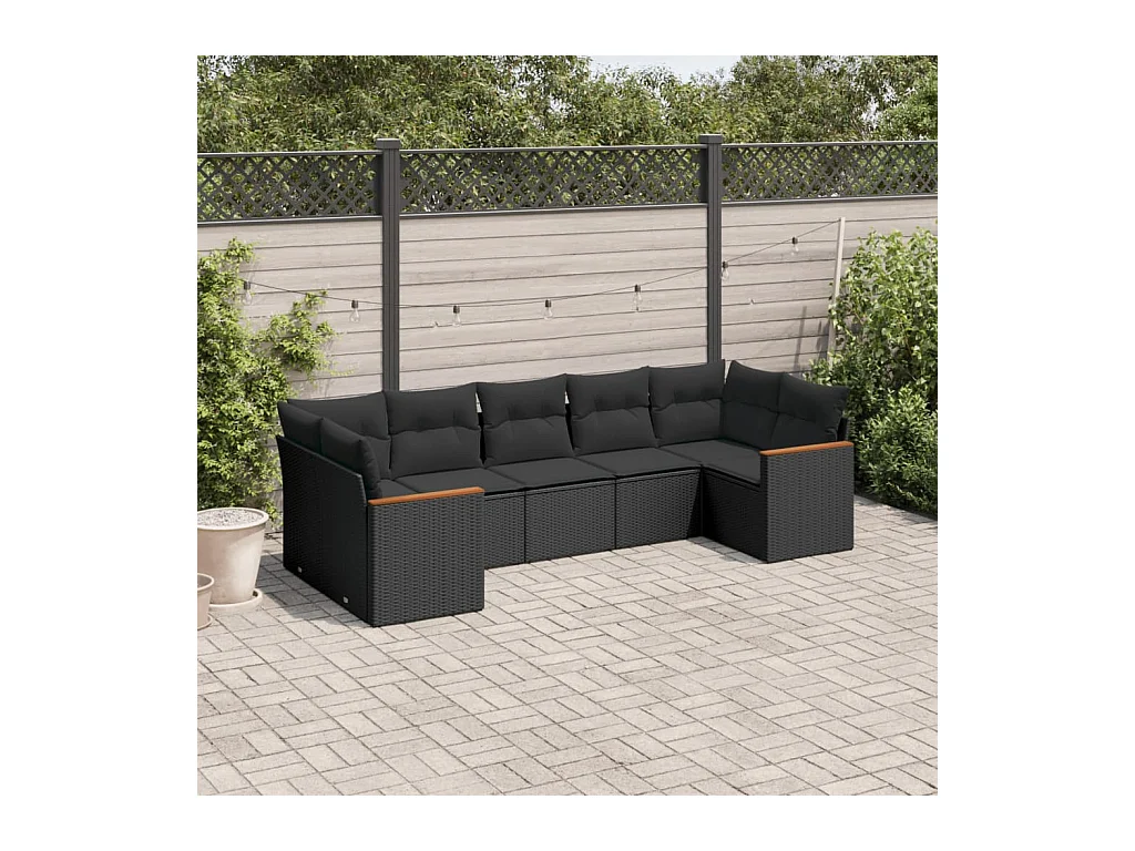 Salon de jardin 7 pièces avec coussins noir résine tressée
