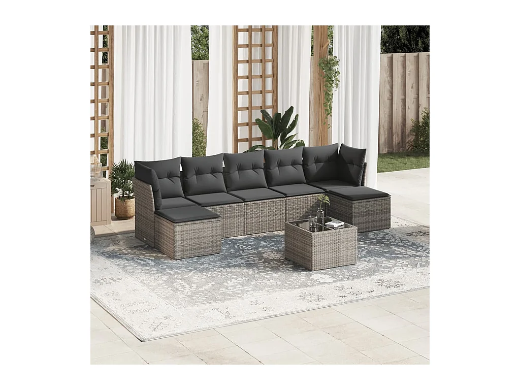 Salon de jardin 8 pièces avec coussins gris résine tressée