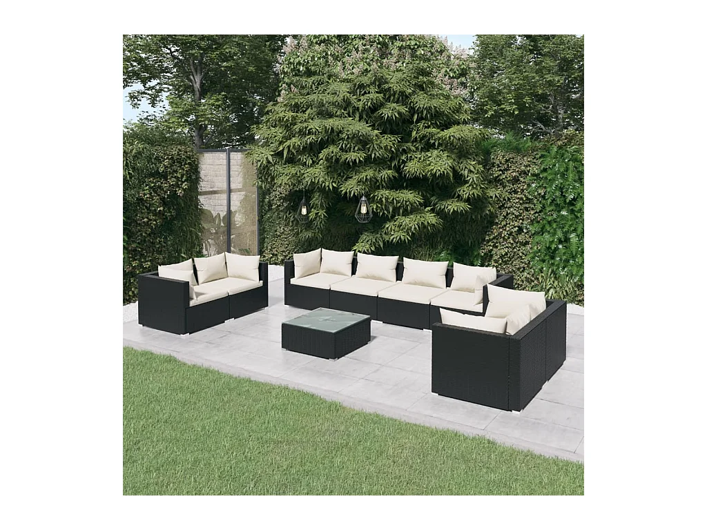 Salon de jardin 9 pièces avec coussins Résine tressée Noir