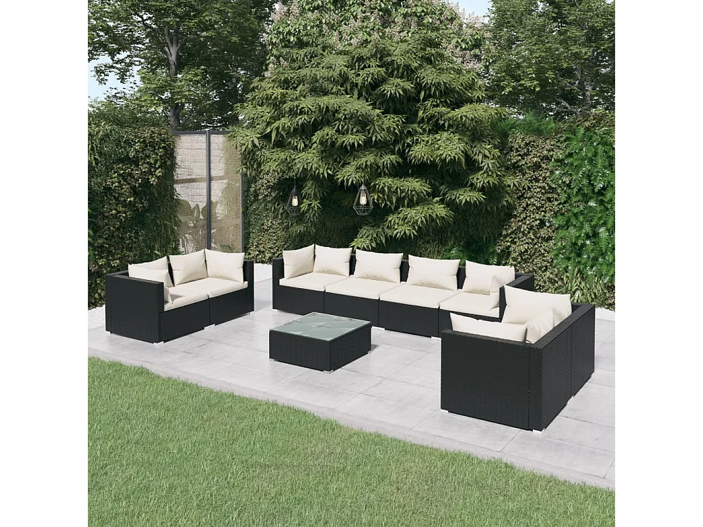 Set de muebles de jardín 9 piezas y cojines ratán sintético negro