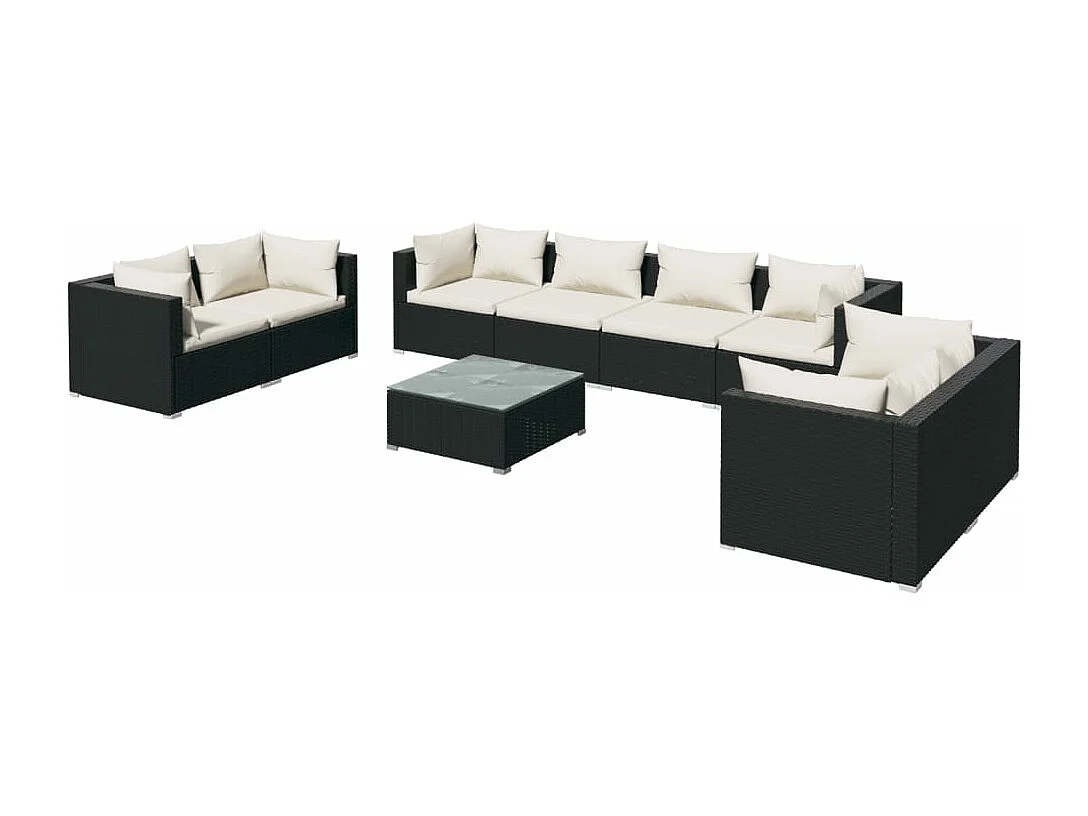 Set de muebles de jardín 9 piezas y cojines ratán sintético negro