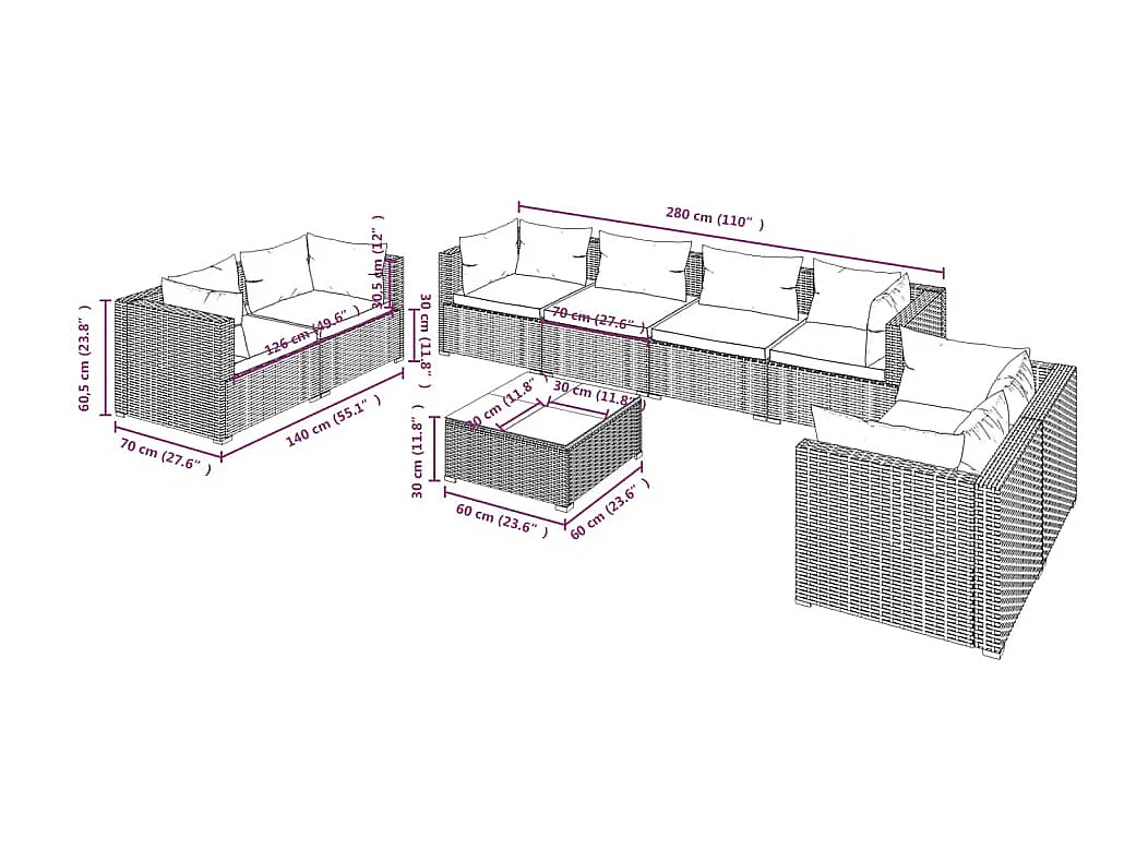 Set de muebles de jardín 9 piezas y cojines ratán sintético negro