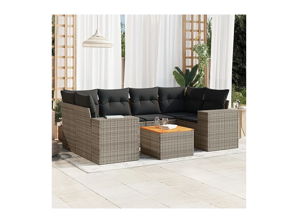 7-delige Loungeset met kussens poly rattan grijs