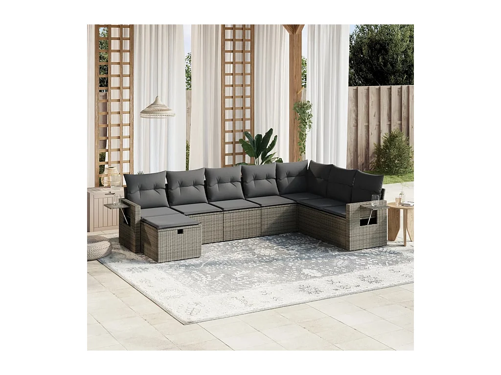8 peças conjunto sofás de jardim c/ almofadões vime PE cinzento