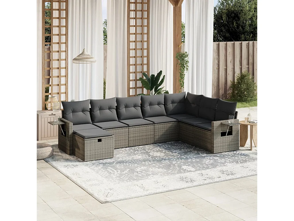 8-delige Loungeset met kussens poly rattan grijs