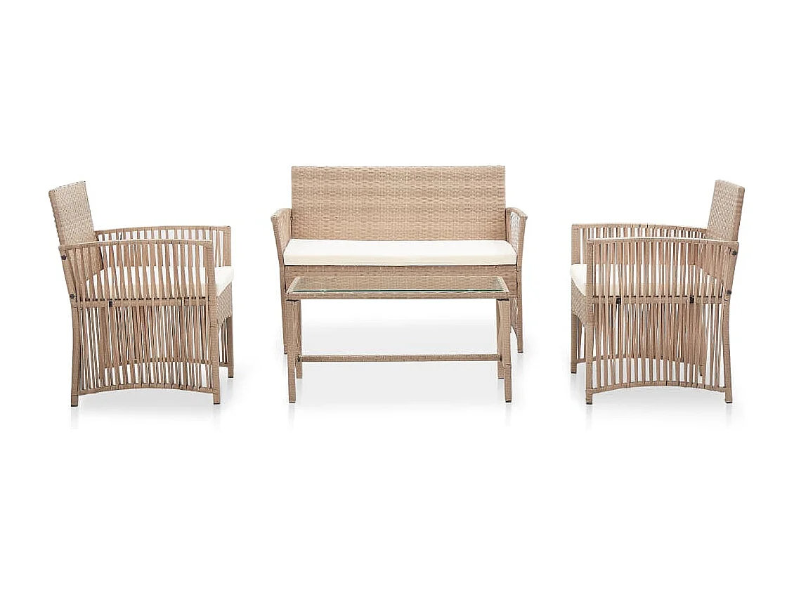 4 peças conjunto lounge jardim c/ almofadões vime PE bege