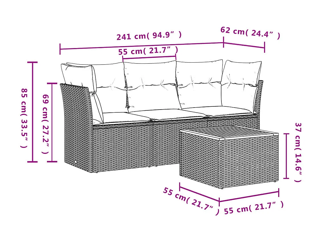 Salon de jardin avec coussins 4 pièces beige résine tressée
