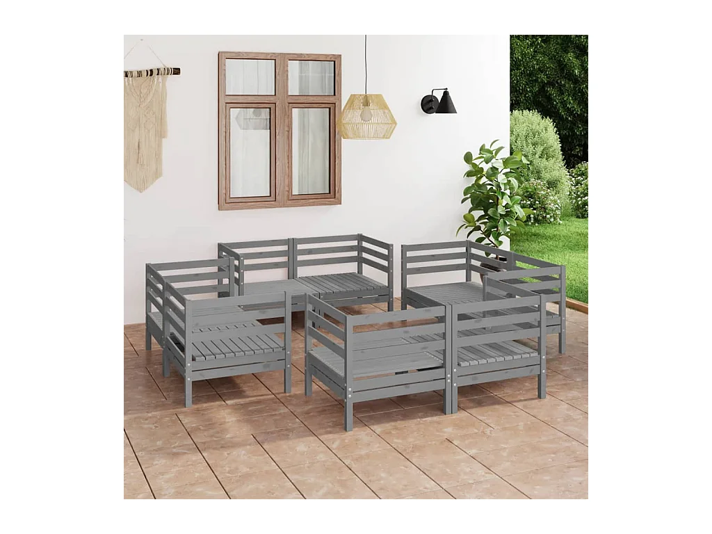 Salon de jardin 8 pièces Gris Bois de pin massif