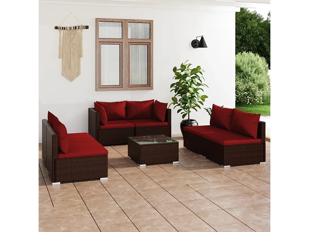 Salon de jardin 7 pièces avec coussins Résine tressée Marron