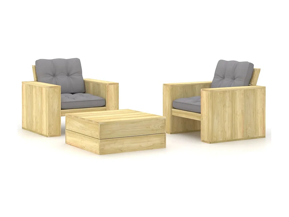 Set muebles de jardín y cojines 3 piezas madera pino impregnada