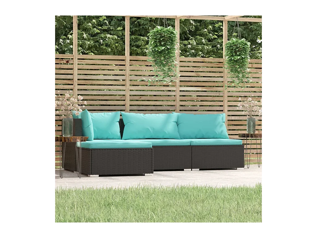 Salon de jardin 4 pièces avec coussins Noir Résine tressée