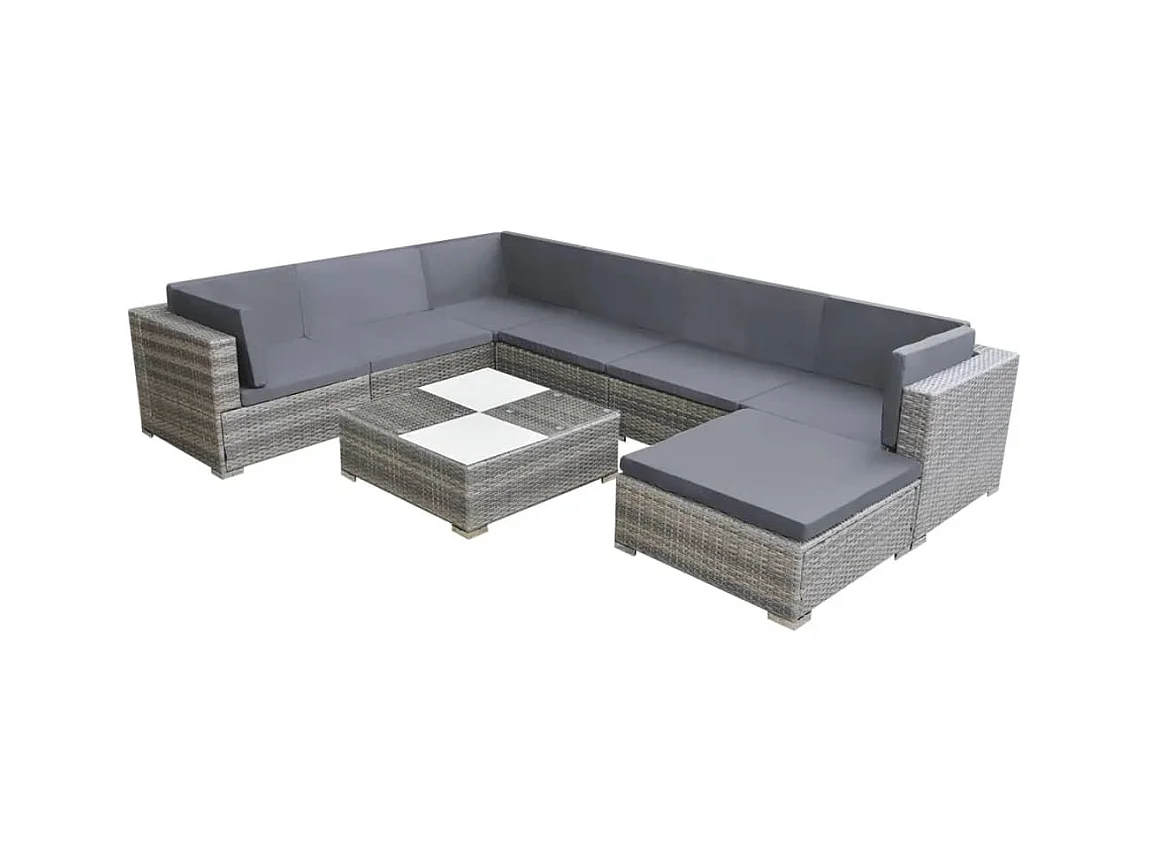 Salon de jardin 8 pièces avec coussins Résine tressée Gris