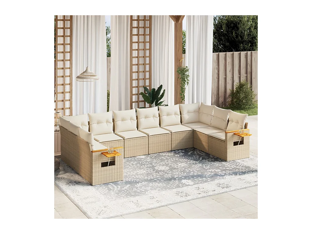 Salon de jardin avec coussins 10 pièces beige résine tressée
