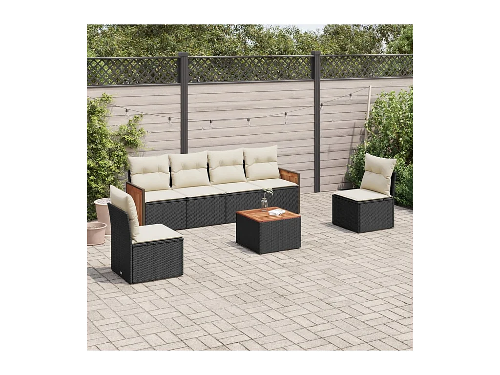Salon de jardin 7 pièces avec coussins noir résine tressée