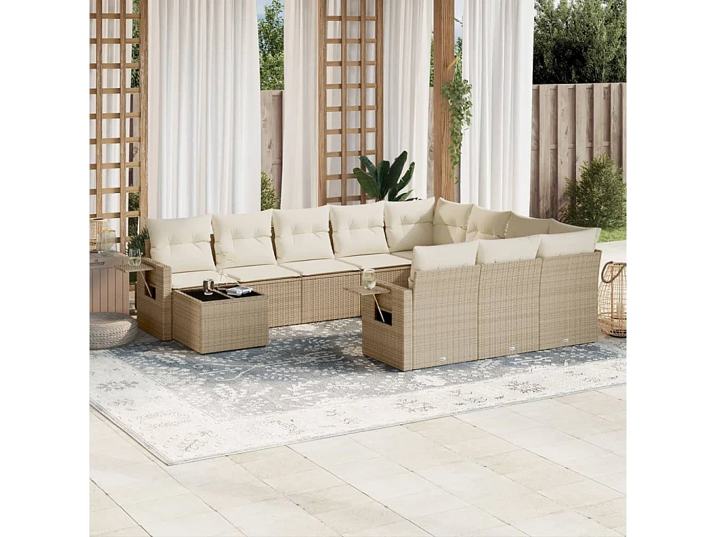 Salon de jardin 11 pièces avec coussins beige résine tressée