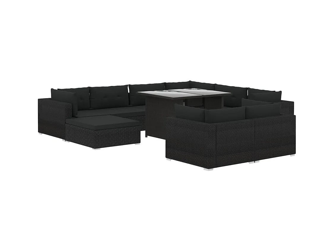 Salon de jardin 10 pièces avec coussins Résine tressée Noir