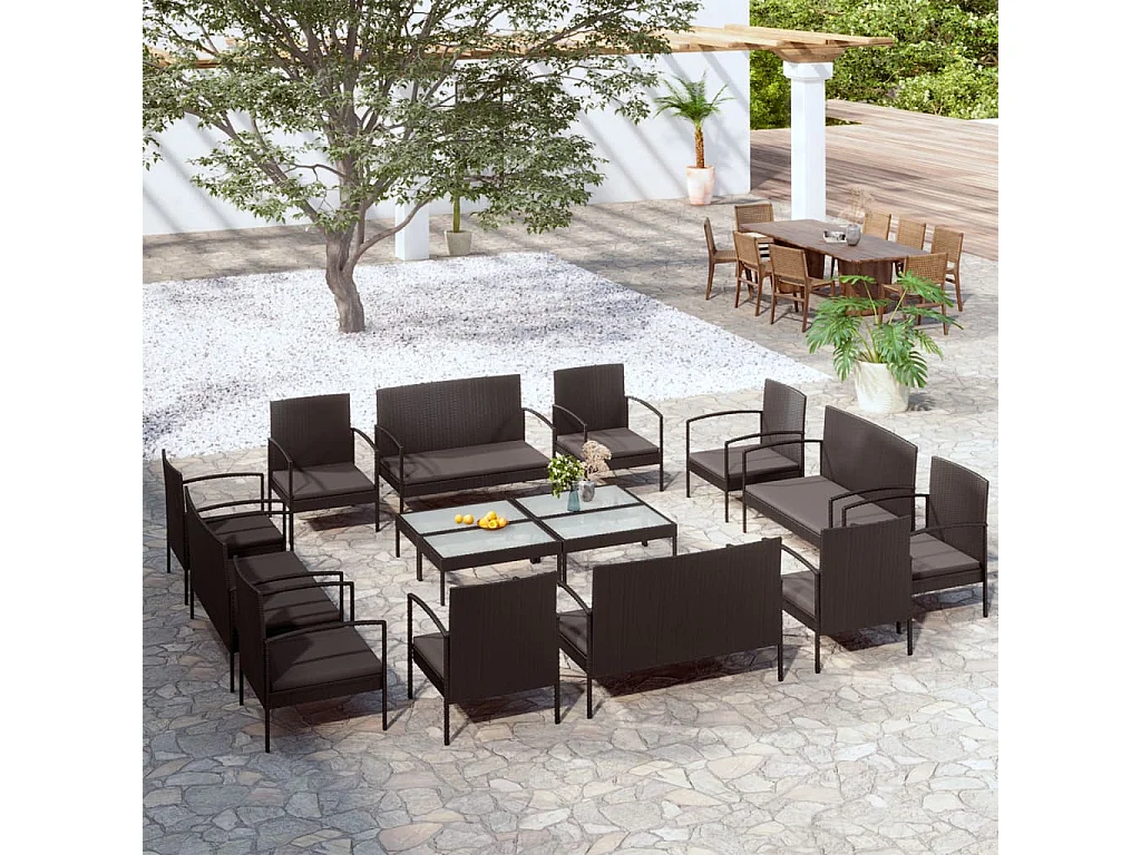 Set muebles de jardín 16 piezas y cojines ratán sintético negro
