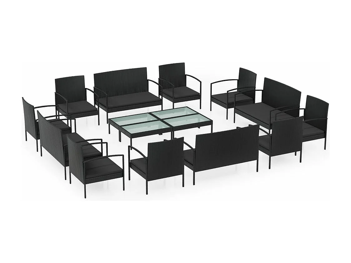 Set muebles de jardín 16 piezas y cojines ratán sintético negro