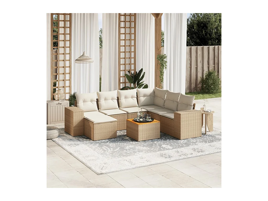 Salon de jardin avec coussins 8 pièces beige résine tressée