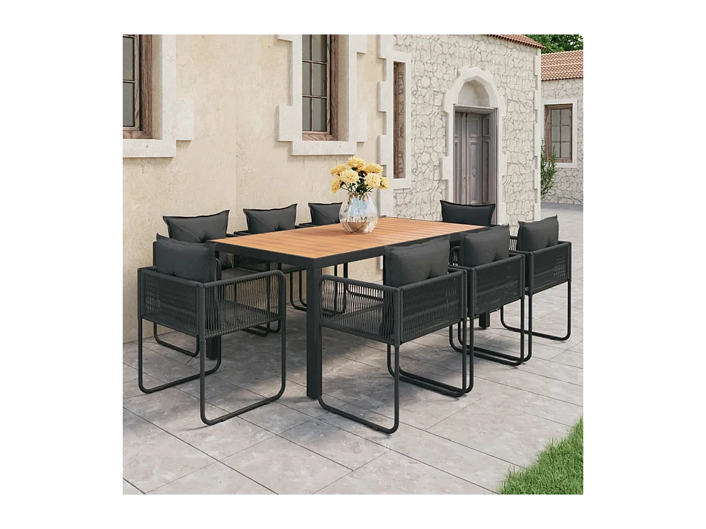 Set de comedor de jardín 9 piezas PVC ratán negro y marrón