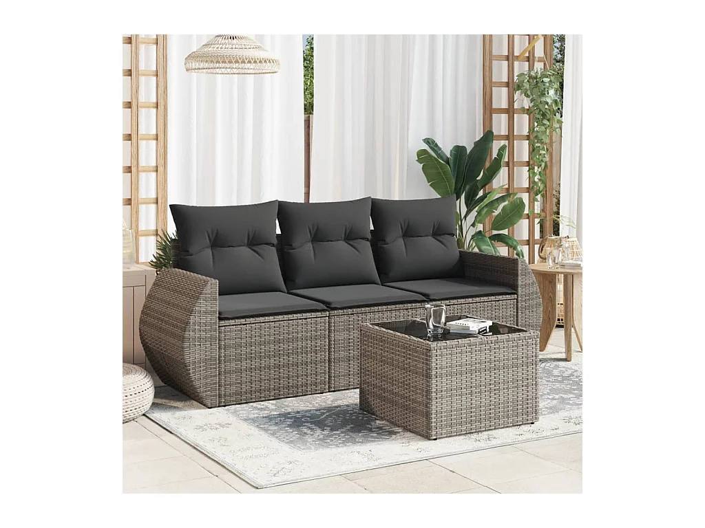 4 peças conjunto sofás de jardim c/ almofadões vime PE cinzento