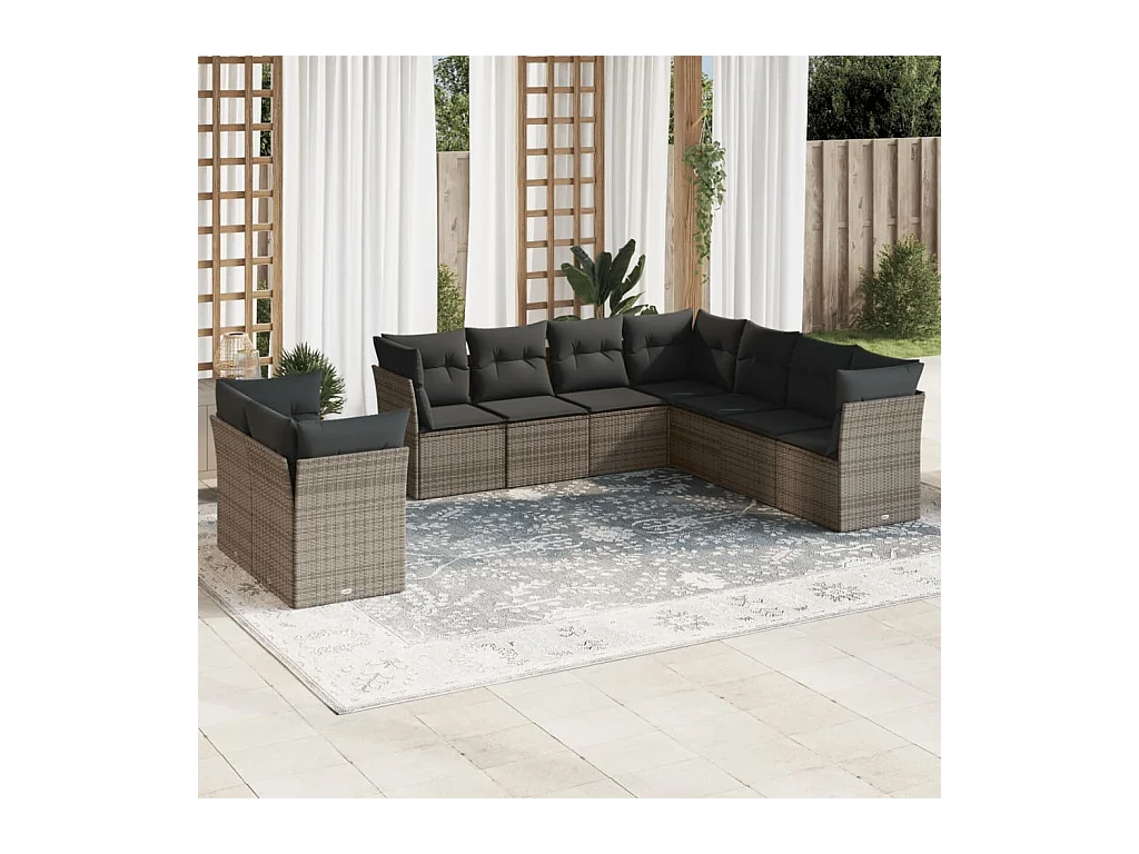 Salon de jardin 9 pièces avec coussins gris résine tressée