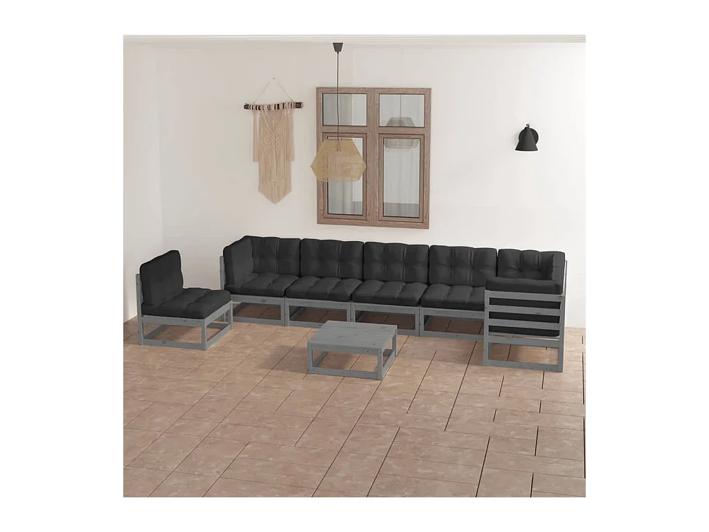 Juego de muebles de jardín 8 piezas y cojines madera pino maciza