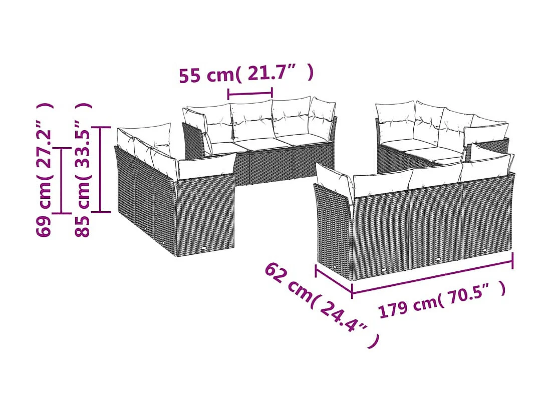 Salon de jardin avec coussins 12 pièces beige résine tressée