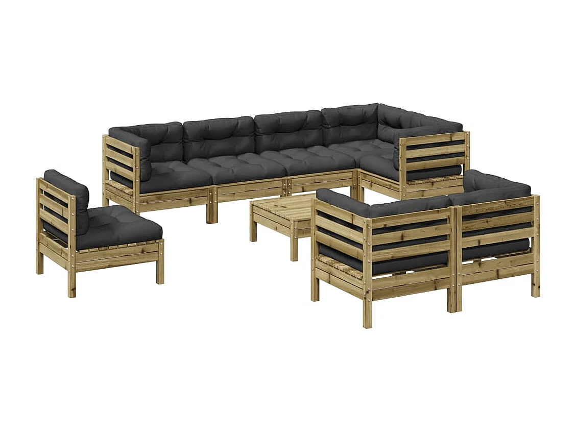 Set de sofás jardín 9 piezas con cojines madera pino impregnada