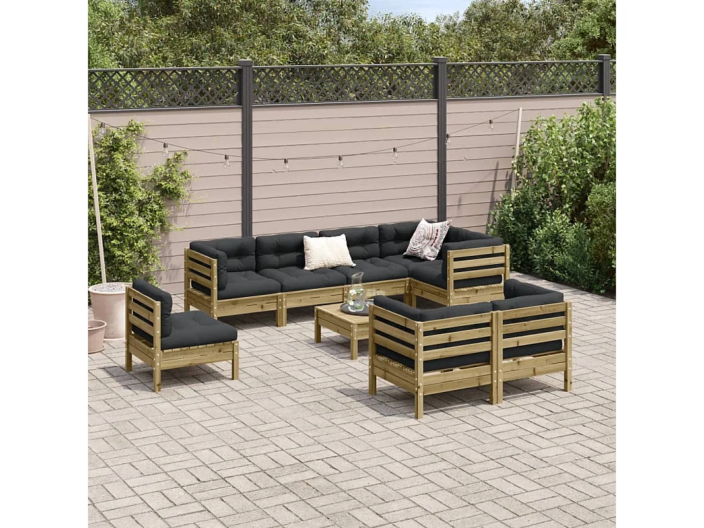 Set de sofás jardín 9 piezas con cojines madera pino impregnada