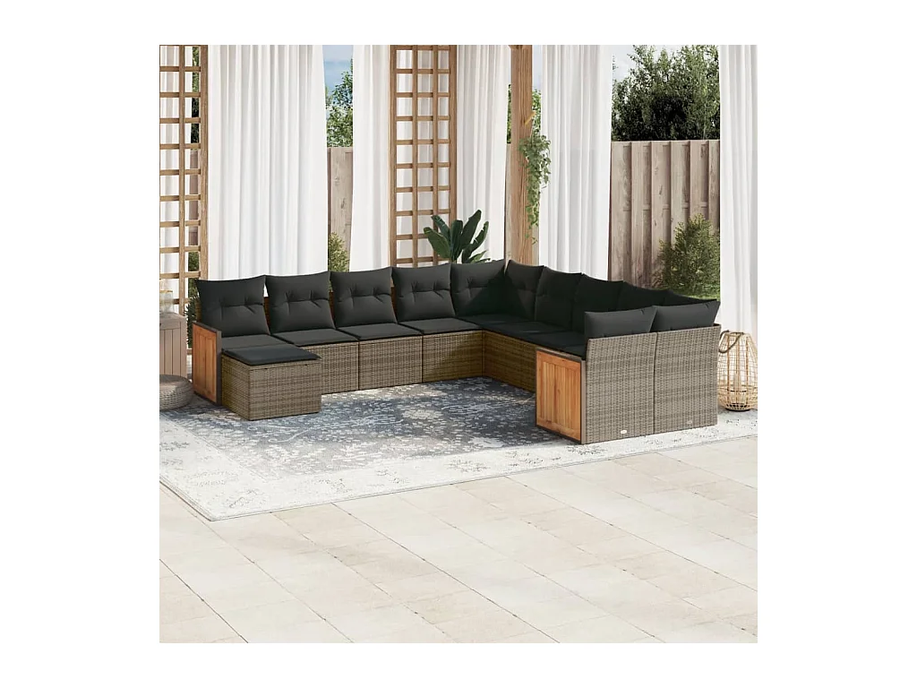 11 peças conjunto sofás de jardim c/ almofadões vime PE cinzento