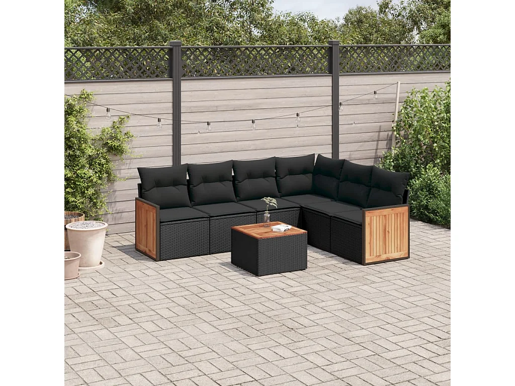 7 peças conjunto de sofás p/ jardim c/ almofadões vime PE preto