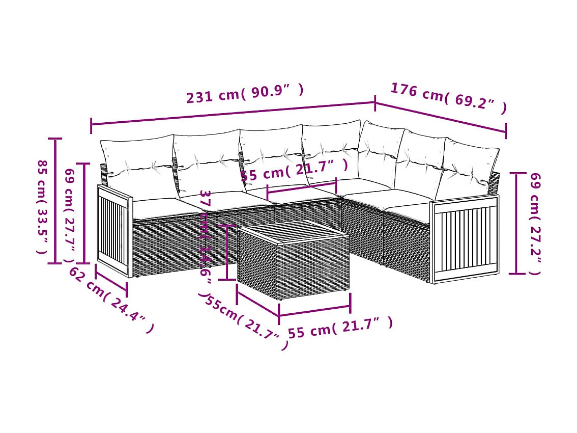 Set de comedor de jardín 7 piezas y cojines ratán sintético negro