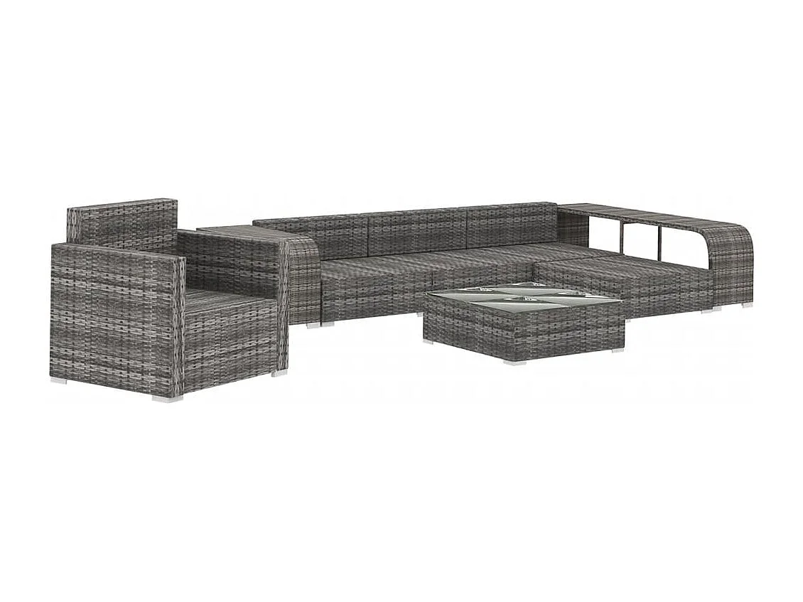 Set de muebles de jardín 8 piezas y cojines ratán sintético gris