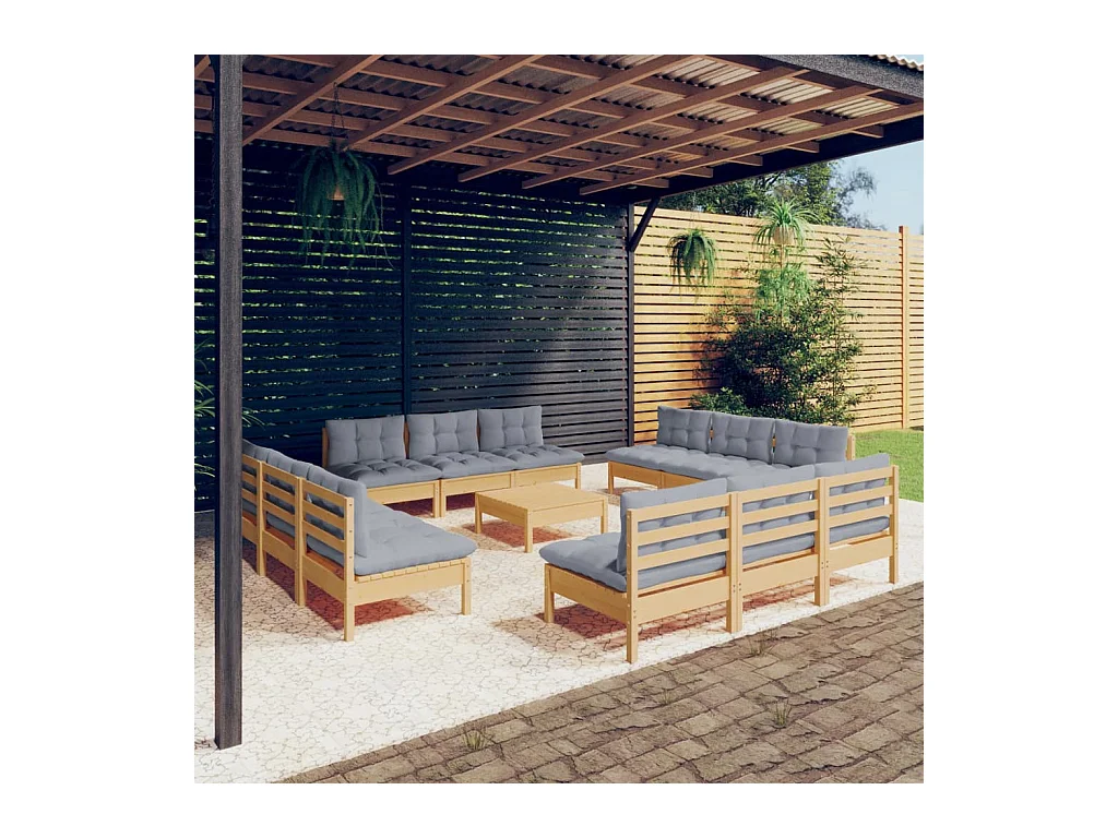 Juego de muebles de jardín 13 piezas y cojines madera pino gris