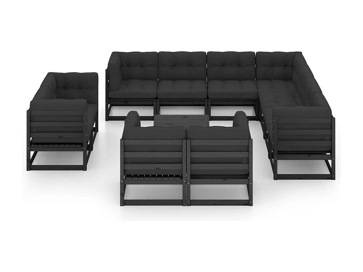 Salon de jardin 12 pièces avec coussins Noir Bois de pin massif